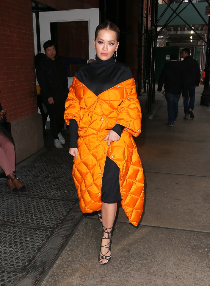  The star was Rita Ora-nge in a bright quilted coat as she headed to the Late Show With Seth Meyers