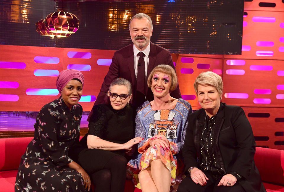  She recently appeared on the Graham Norton Show with Carrie Fisher, Grayson Perry and Sandi Toksvig