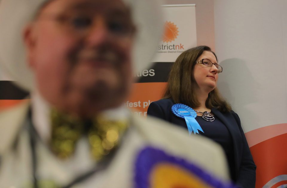  Conservative candidate Doctor Caroline Johnson stands on the stage as she is announced the winner of the parliamentary seat of Sleaford and North Hykeham