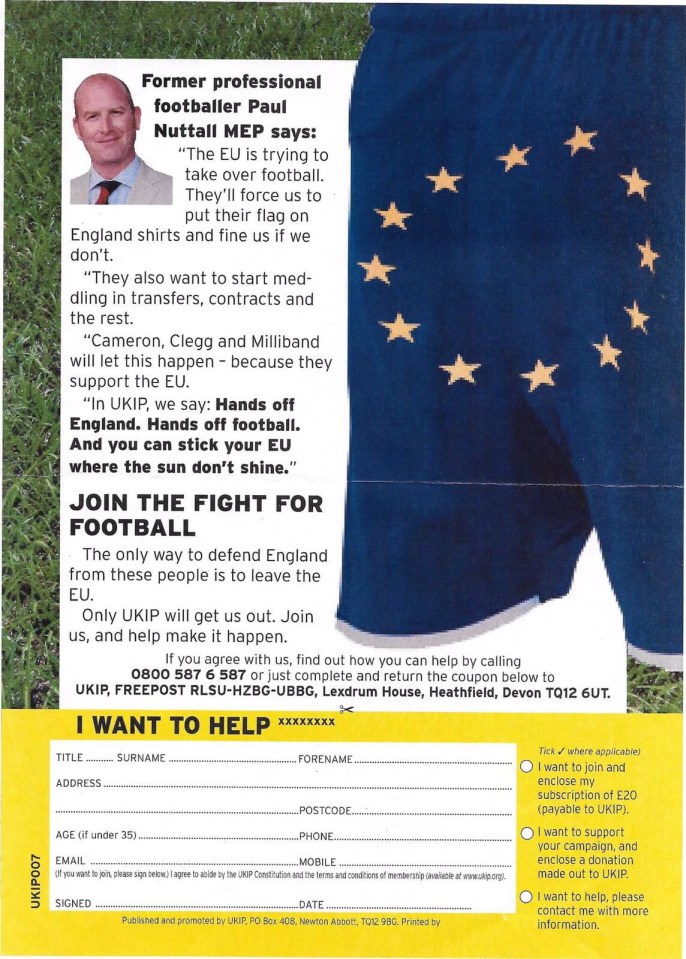  A Ukip election leaflet quoted him as an ex-footy star, claiming the EU was meddling in the game