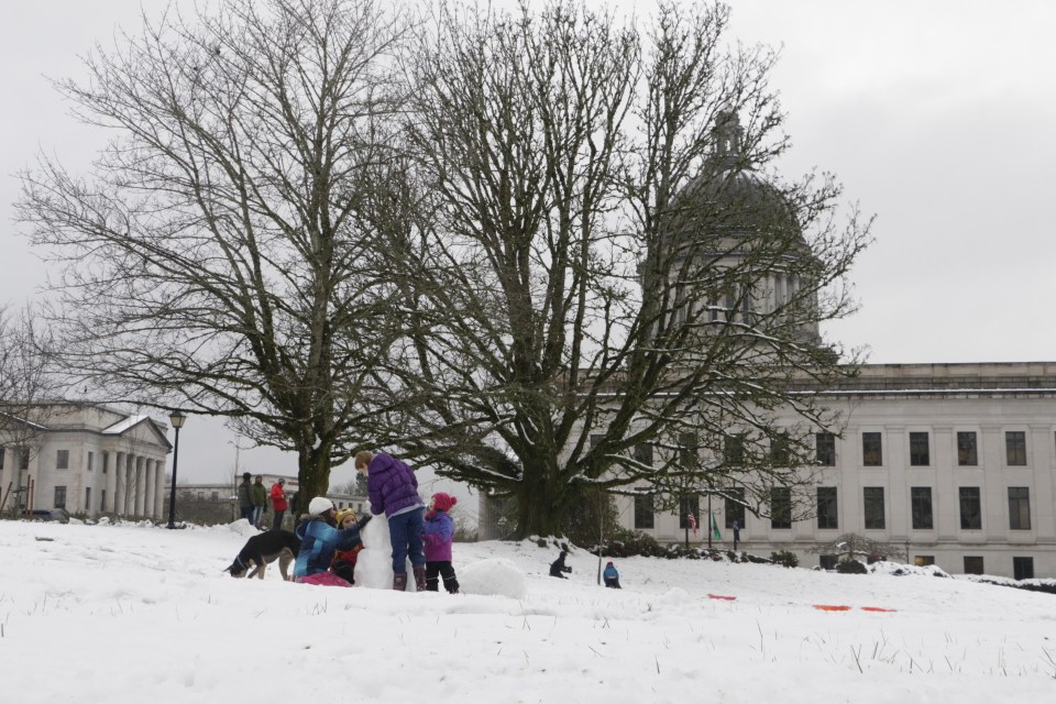  But some children made the best of the bad weather by building a snowman on the Capitol campus in Olympia