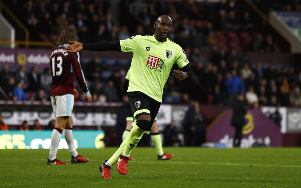  Bournemouth striker Benik Afobe celebrates his first-half goal at Burnley