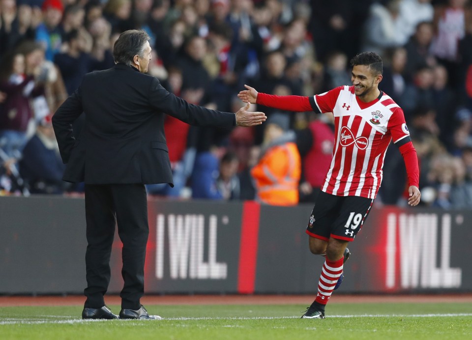 Boufal celebrates his goal with manager Claude Puel