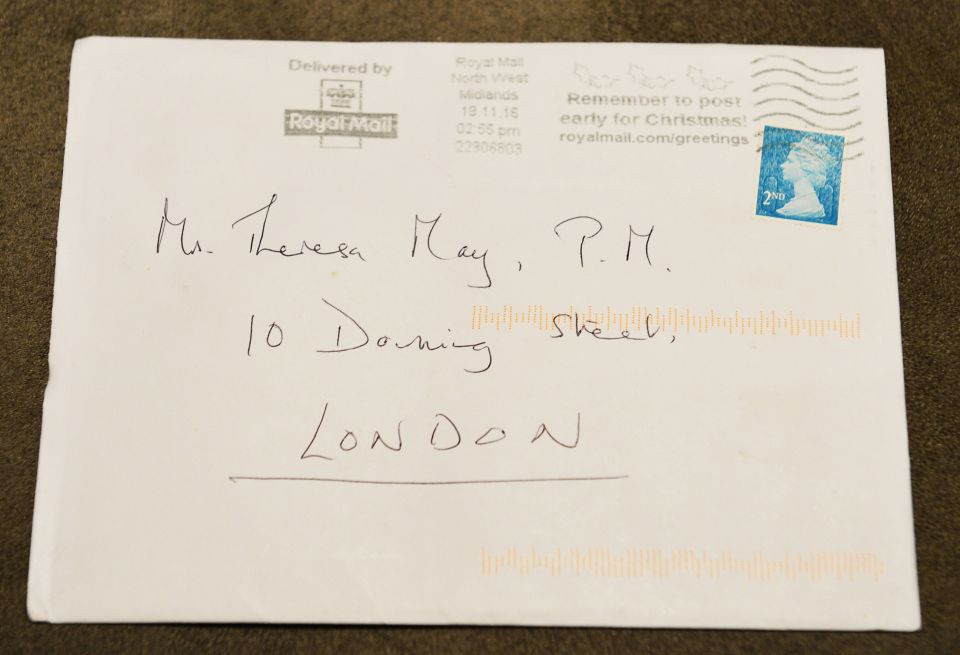  An envelope with a letter addressed to Prime Minister Theresa May which was mistakenly delivered to 10 Danbury Street in Islington, north London.