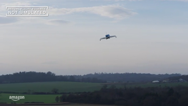  The drone in action flying over Cambridgeshire as Amazon trialled the first delivery by drone