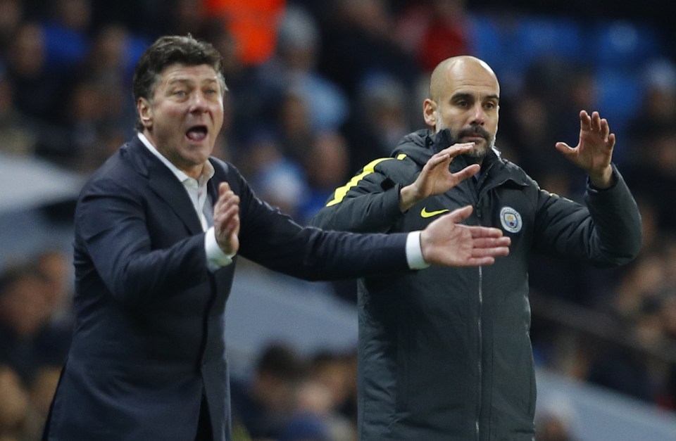  Pep Guardiola and opposite number Walter Mazzarri react on the touchline