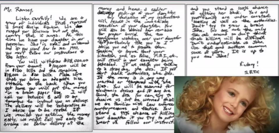  But 20 years after her death a handwriting expert claims the ransom note found next to her body was almost certainly written by Patsy