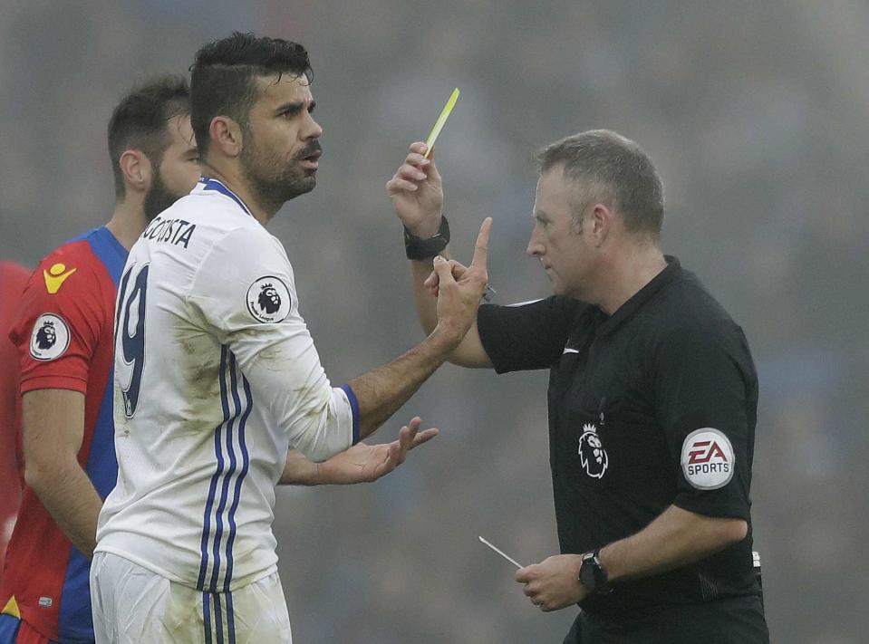  Costa receives his fifth booking of the season at Crystal Palace