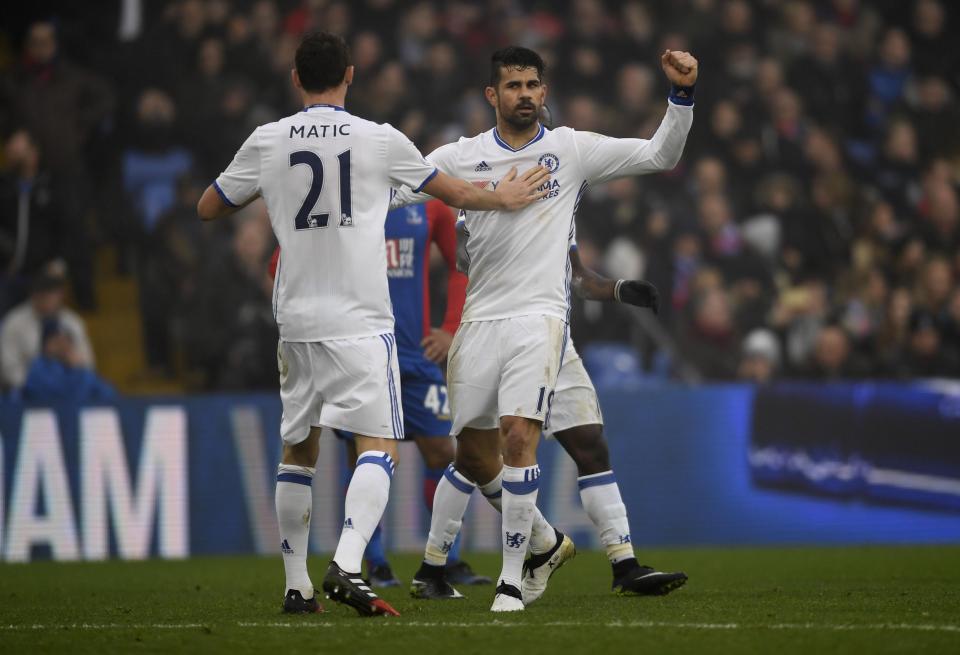  Diego Costa celebrates giving his Chelsea side the lead at Selhurst Park