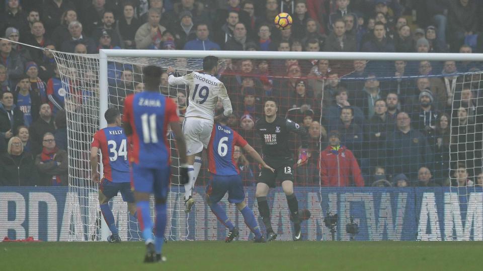  Diego Costa rises to nod home the opening goal of the game against Crystal Palace