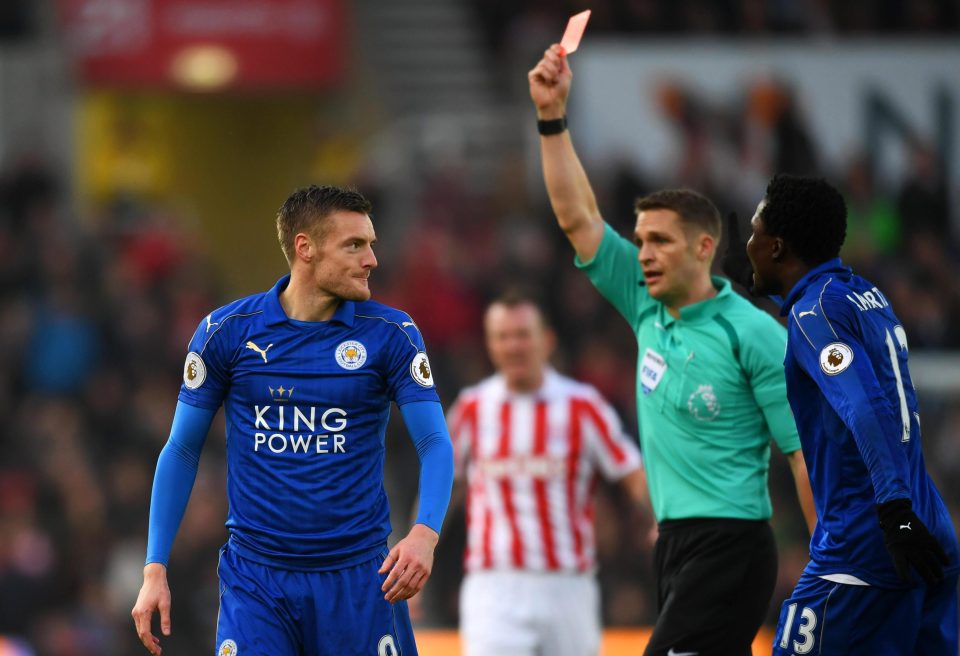  Jamie Vardy was shown a red card at Stoke on Saturday