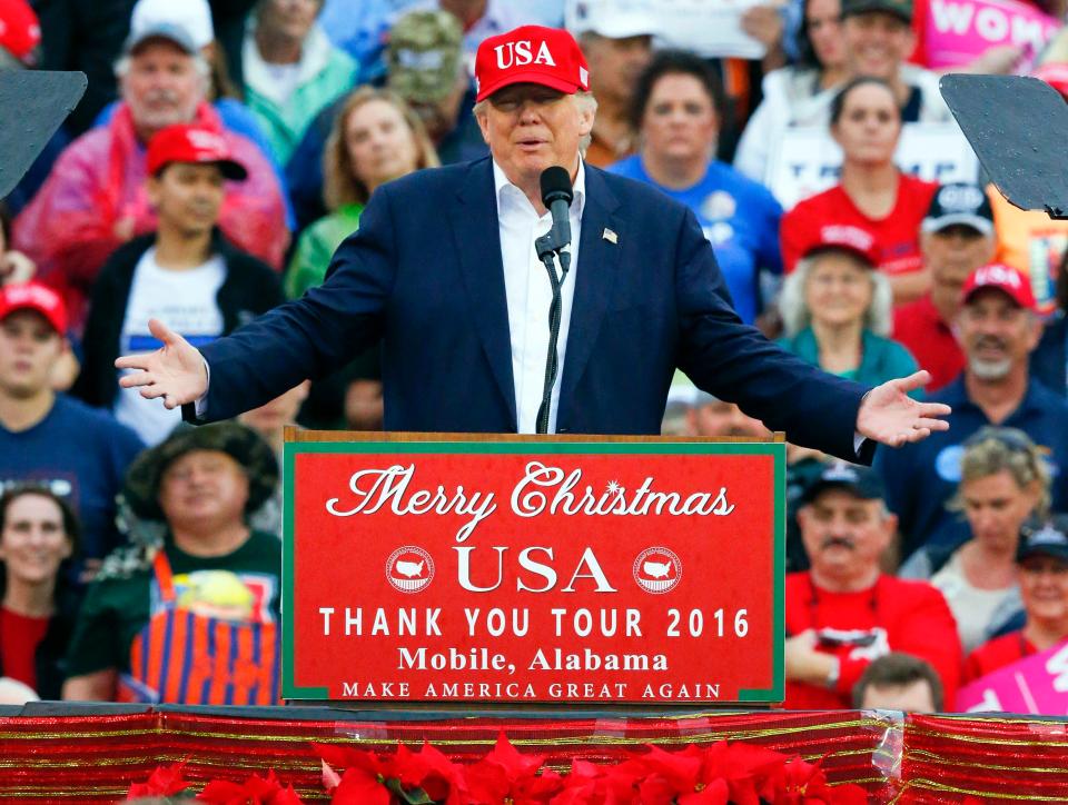  Donald Trump speaks during a rally at the Ladd–Peebles Stadium on Saturday