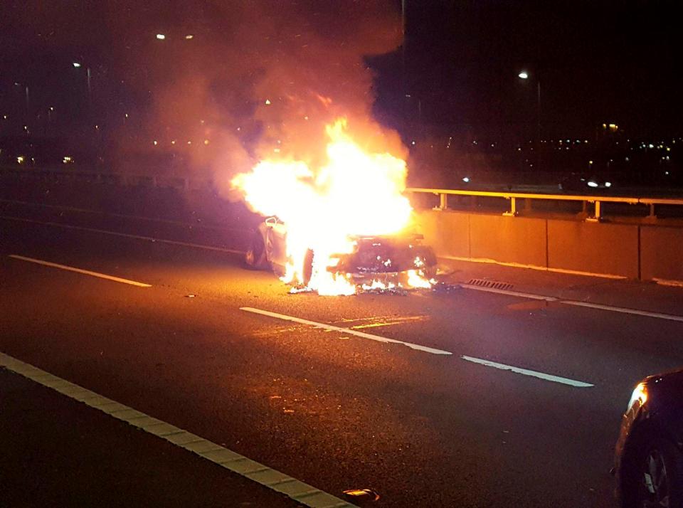  Police used a stinger to catch a speeding motorist on the M6 yesterday - before the car exploded into flames