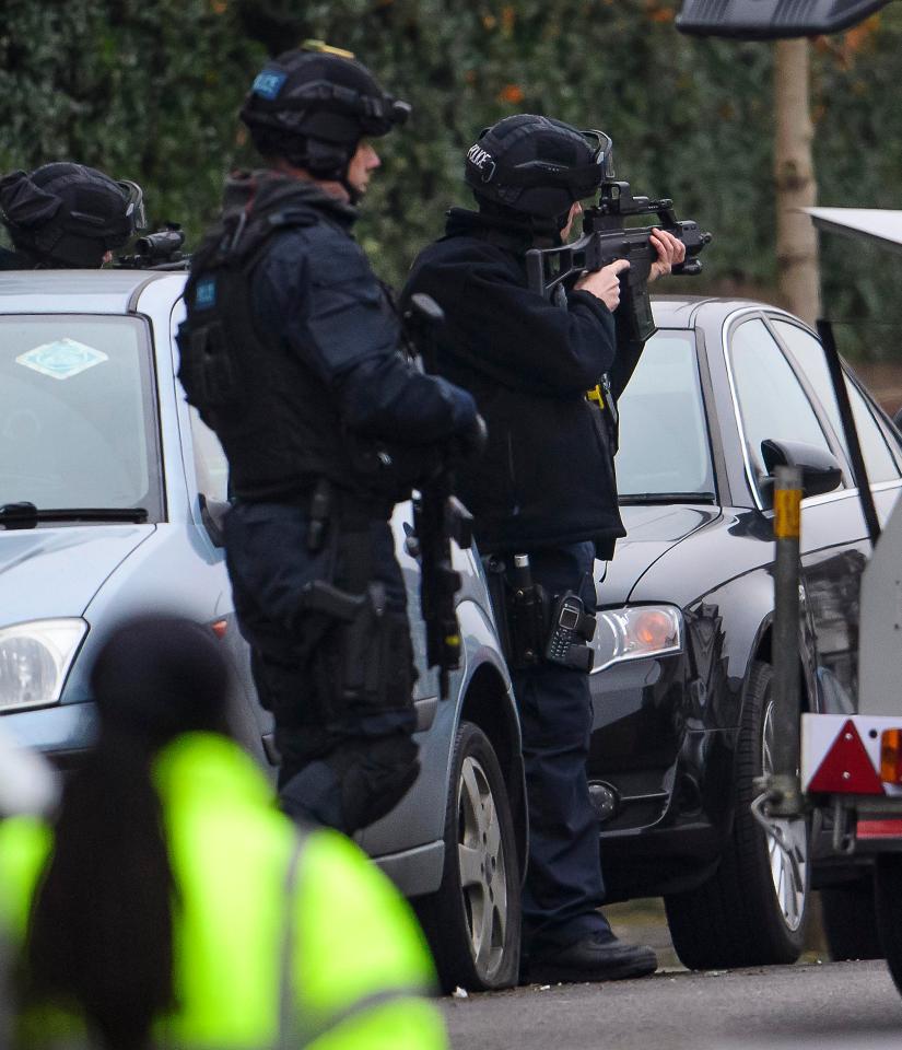  Armed police trained their weapons on the house on Sunday afternoon