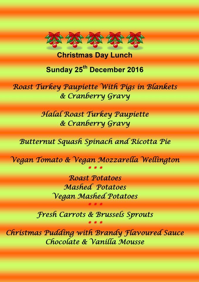 Lunches and dinners come with a choice of desserts including Christmas pudding with brandy sauce, chocolate yule logs, plum and apple crumble, chocolate coated ice cream or cheesecake