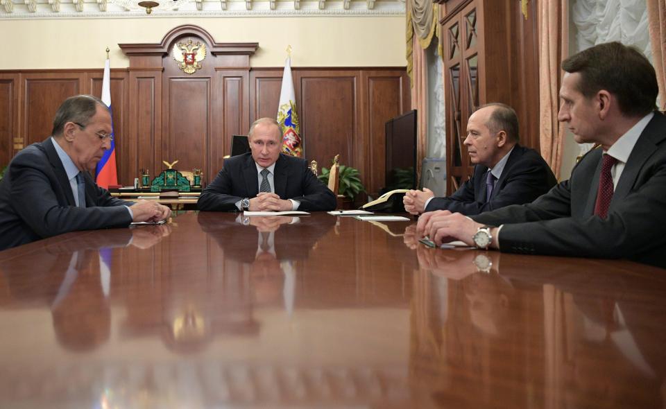  Russia's Foreign Minister Sergei Lavrov, President Vladimir Putin, Federal Security Service head Alexander Bortnikov, and Russian Foreign Intelligence Service chief Sergei Naryshkin meet