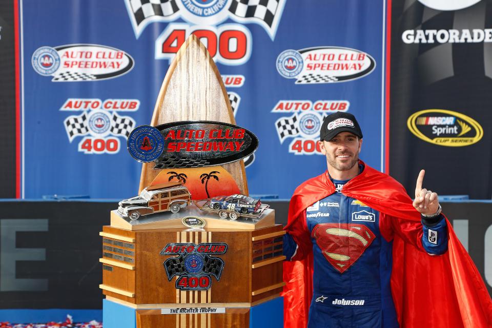  The Nascar Sprint Cup Series Auto Club 400 trophy looks like a child's Christmas present. So they gave it to the most childish-looking adult in the room.