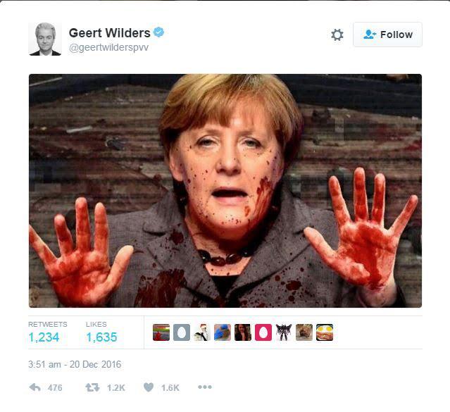  Geert Wilders tweeted a picture of Mrs Merkel with bloodied hands