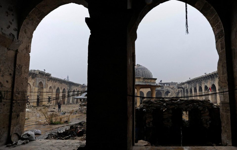 Bashar al-Assad’s regime and anti-government activists traded blame for the attacks which devastated the mosque, shown here in its current state