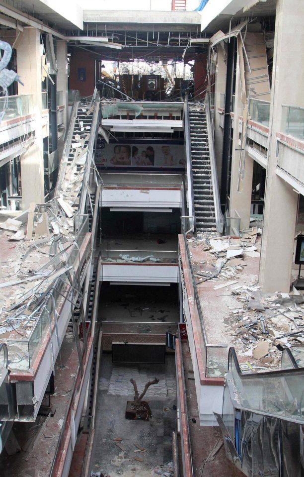 The battered shell of the mall after years of fighting. It reportedly served as a prison while it was under the control of ISIS