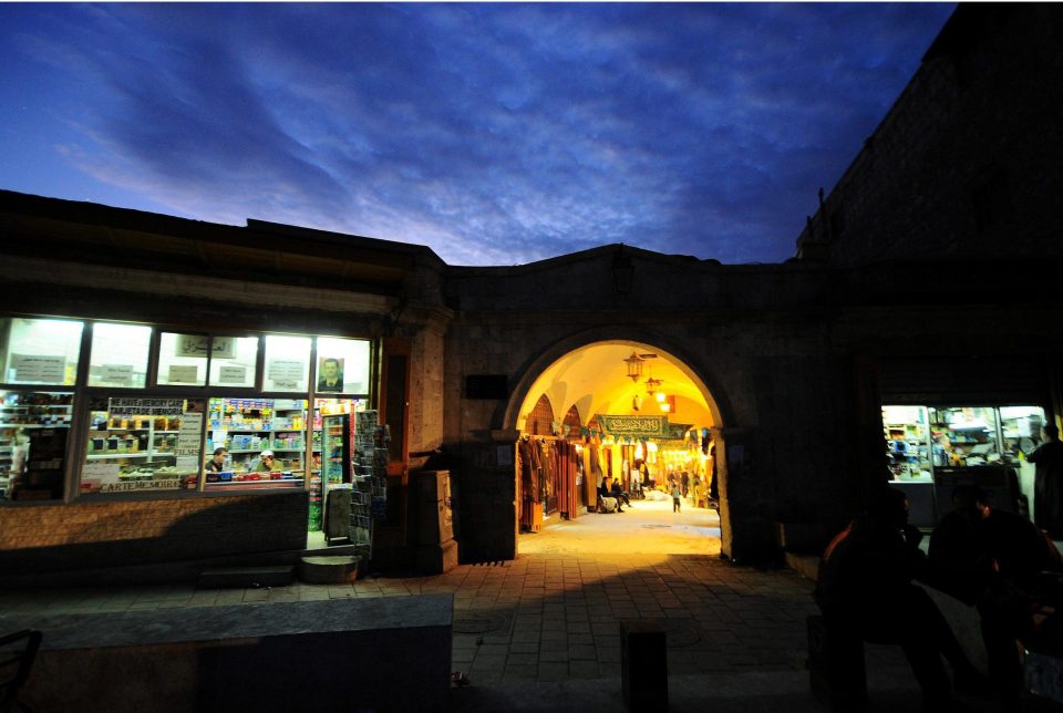 This picture shows the entrance to al-Zarab souk in the old city of Aleppo in November 2008, four years before the fighting spread to the city