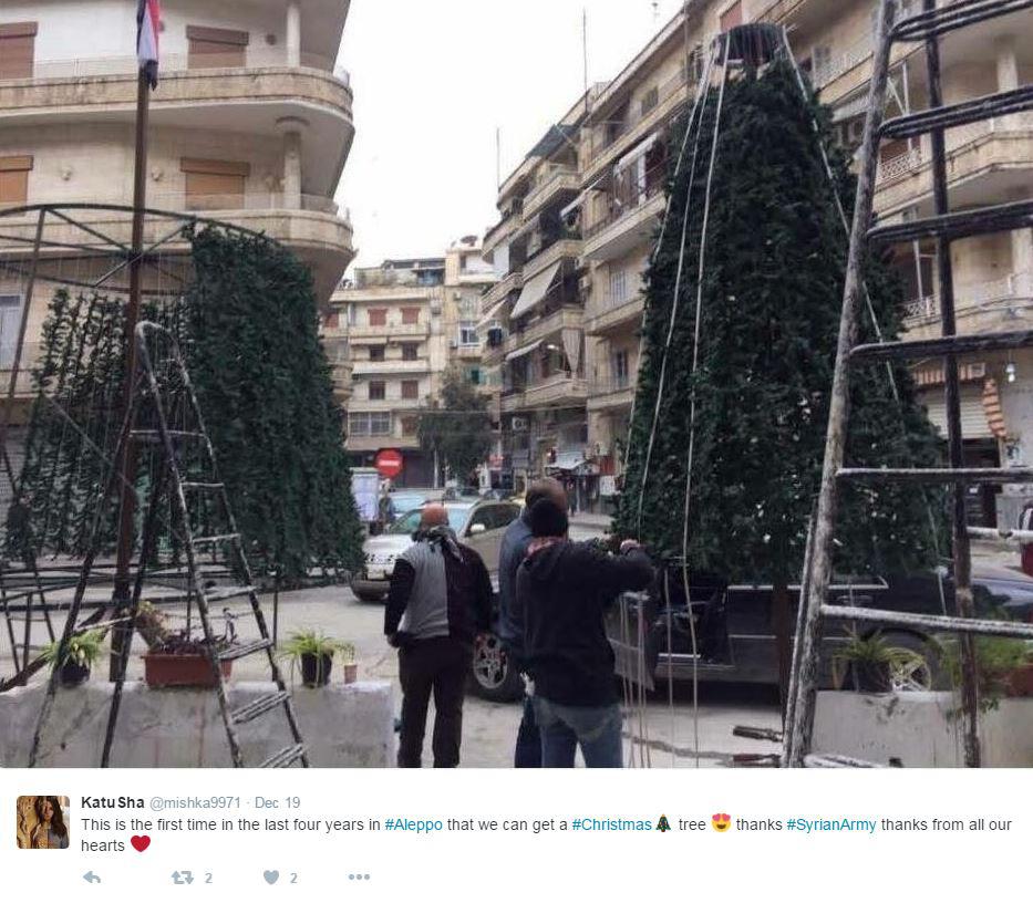  Many people have taken to Twitter to express delight as Aleppo gained its "first Christmas tree in years"