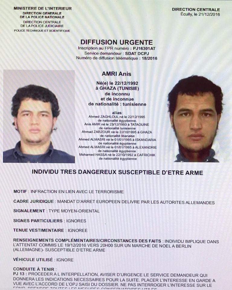  Authorities are hunting for suspect Anis Amri who uses six known aliases