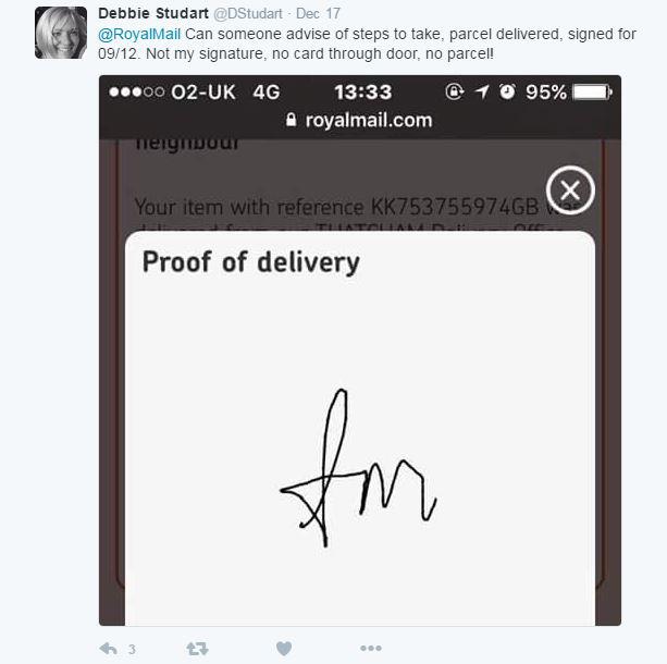  The tweet from Debbie Studart who was furious that her parcel was delivered and signed for by someone else