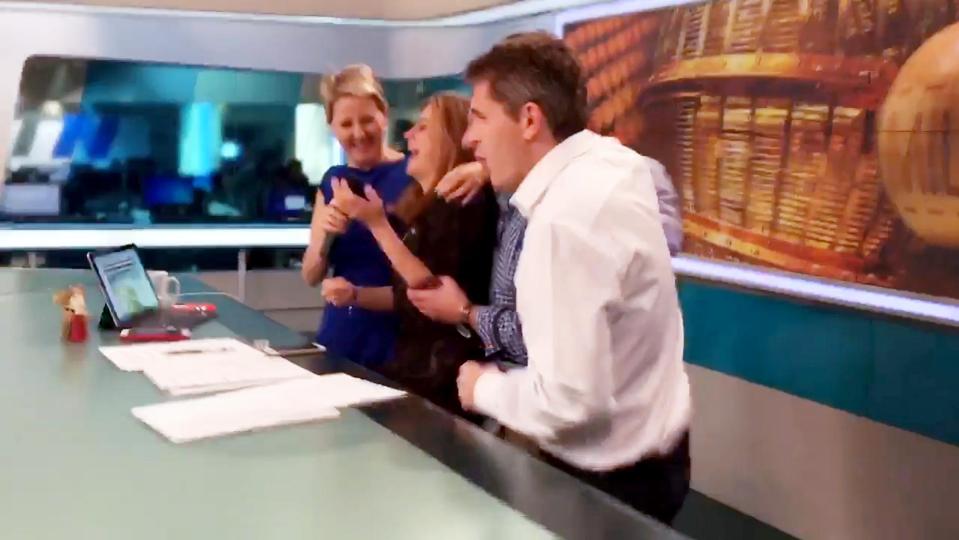  Elena Minambres Hernando is congratulated by morning TV colleagues after she learned she has won Spain's biggest lottery