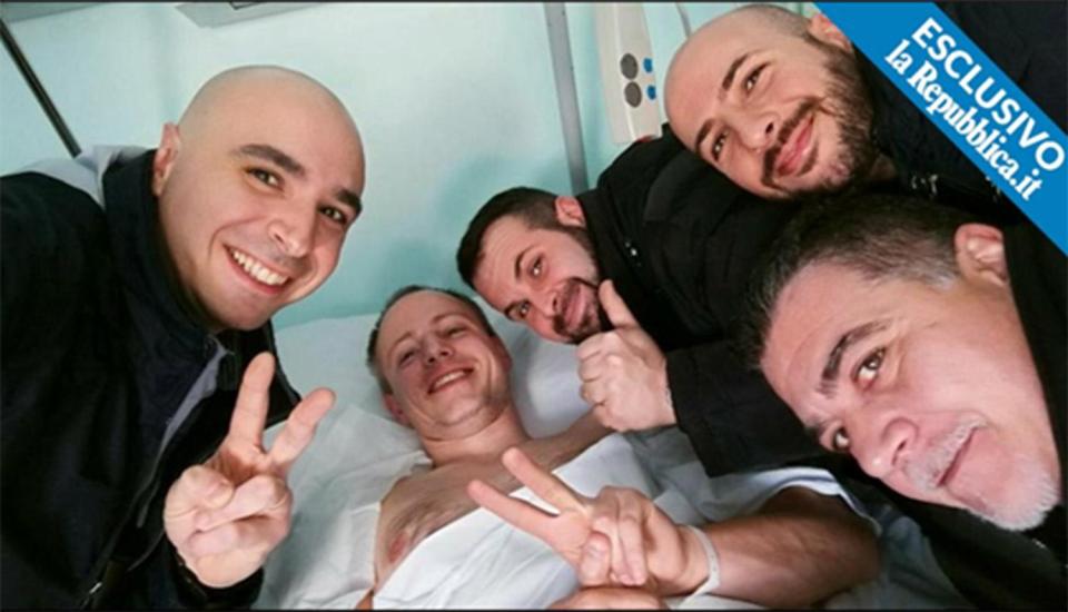  Movio was pictured in good spirits in his hospital bed today