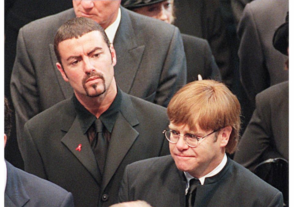  George Michael and Elton John leave Westminster Abbey after the funeral Diana, Princess of Wales