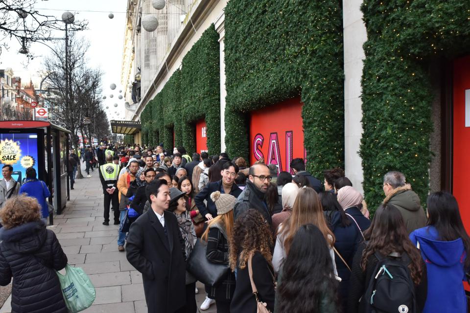  A massive queue forms outside Selfridges on Oxford Street in London