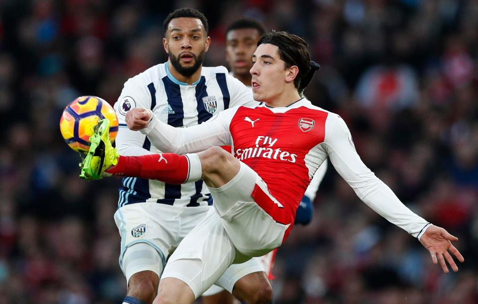  Hector Bellerin duels with West Brom's Matt Phillips