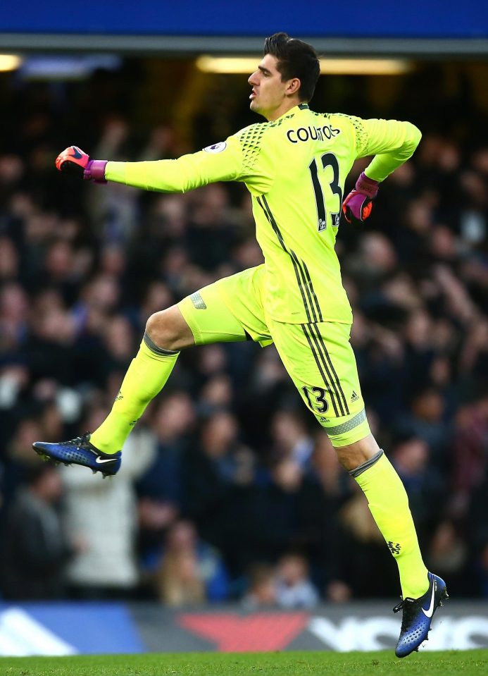  Courtois celebrating Pedro opening the scoring against Bournemouth