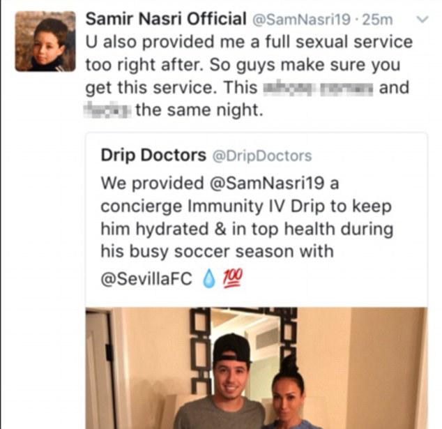  A bizarre series of tweets from Nasri's account suggested he had slept with a medic who gave him an IV drip in LA