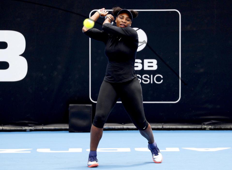  Serena Williams hits a ball during a practice session at the ASB Classic tennis tournament in Auckland