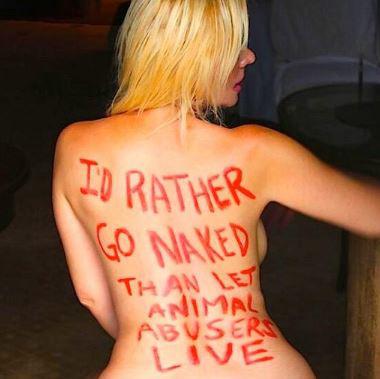  Her Twitter account's display photo again sees her naked, this time with an anti-fur slogan daubed on her back