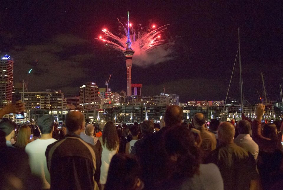  The SkyTower firework display during New Year's Eve celebrations on January 1, 2017 in Auckland, New Zealand