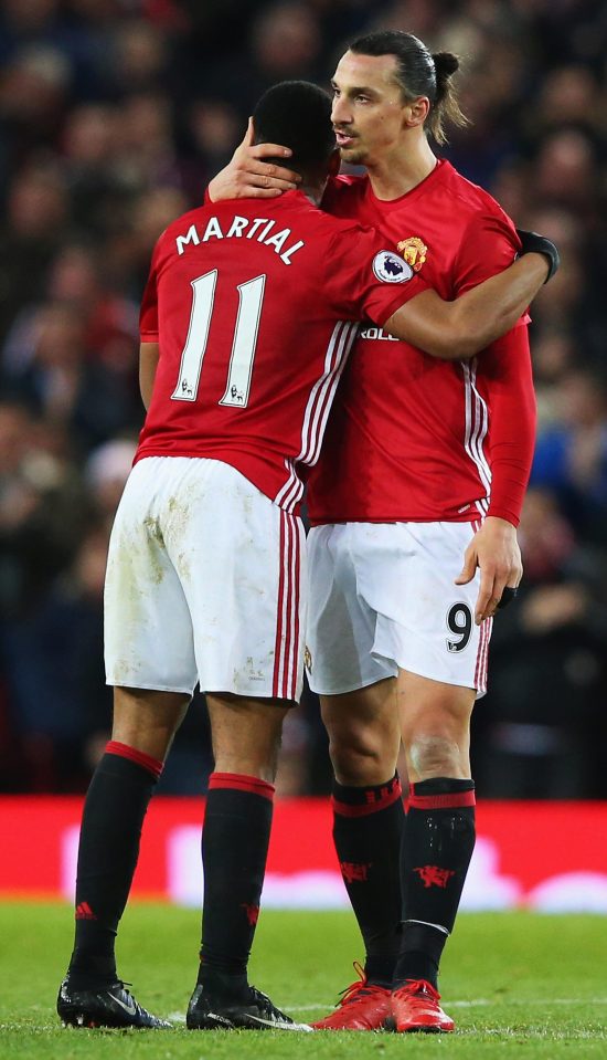  Anthony Martial celebrates with Zlatan Ibrahimovic after finding the net