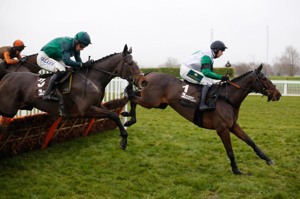  Ami Desbois (right) pushed the useful Wholestone all the way to the line at Cheltenham