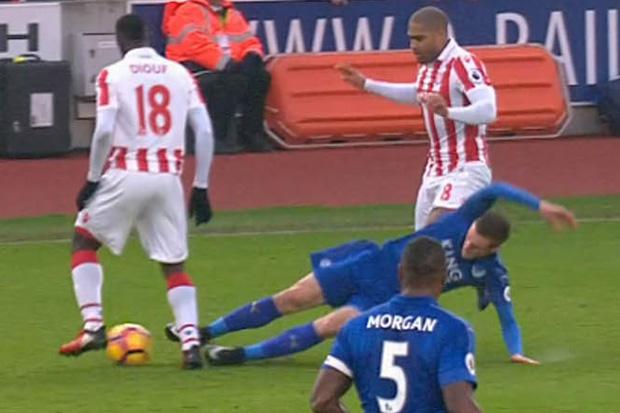  Vardy was dismissed for this tackle on Diouf