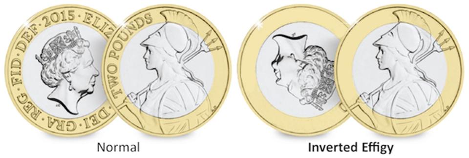  A normal 2015 £2 Britannia coin and one with an inverted effigy