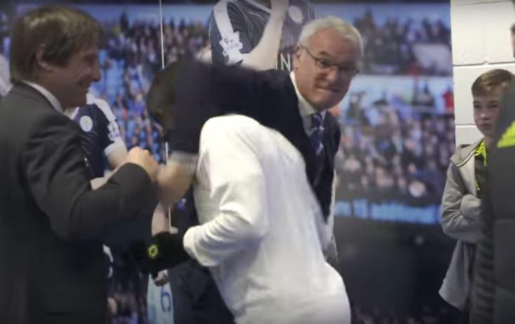  Claudio Ranieri then jokingly puts Chelsea's N'Golo Kante in a headlock