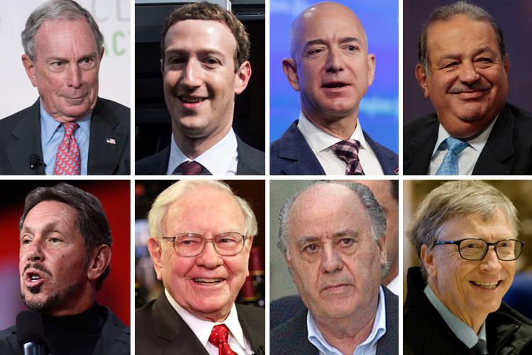  Top, left to right: Michael Bloomberg, Mark Zuckerberg, Jeff Bezos, Carlos Slim Helu. Bottom, left to right: Larry Ellison, Warren Buffett, Amancio Ortega, Bill Gates