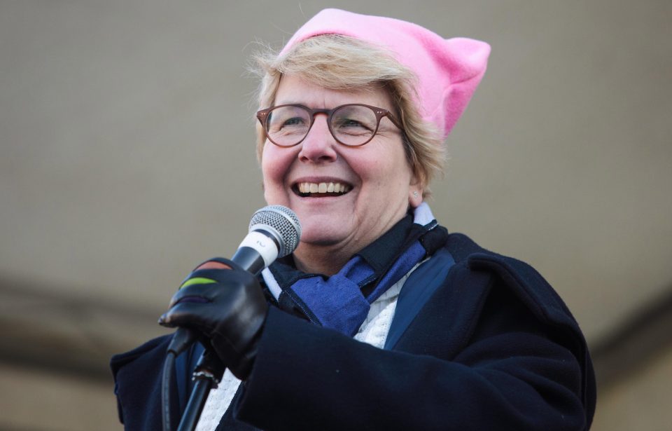  Sandi Toksvig, QI host, dons a pink hat in support of the rally