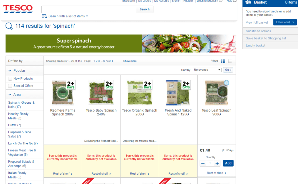  Tesco is sold out of almost all spinach bags