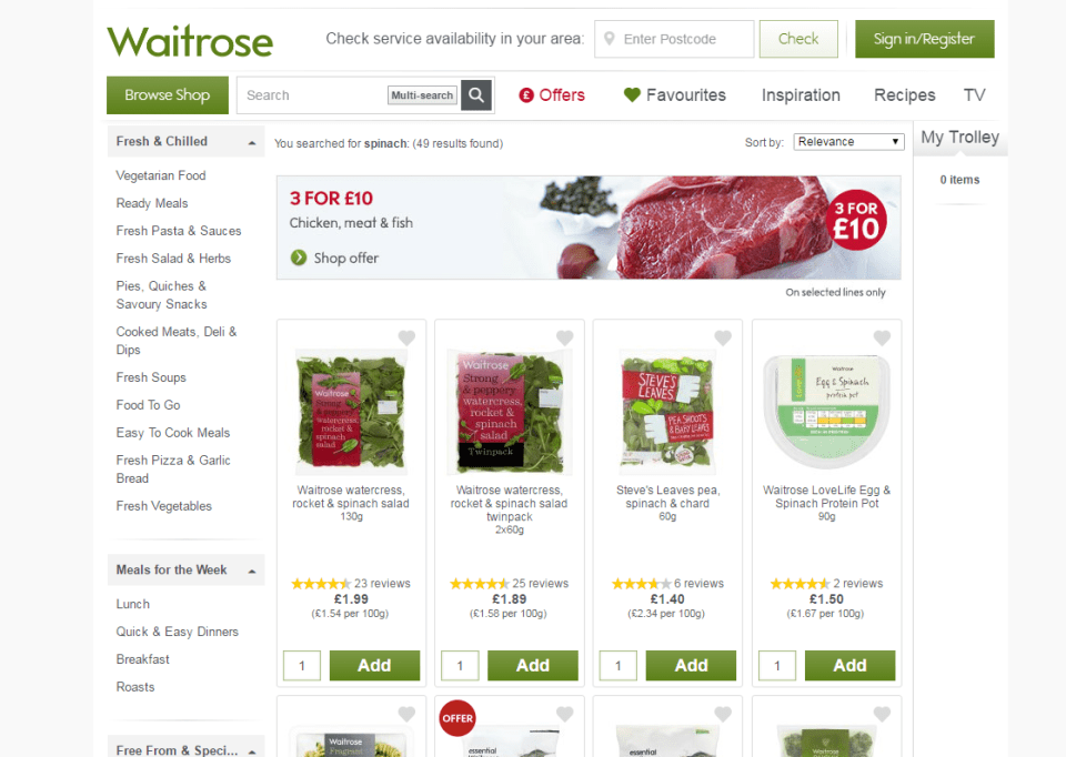  Waitrose is only selling frozen spinach or salad bags with spinach, watercress and rocket