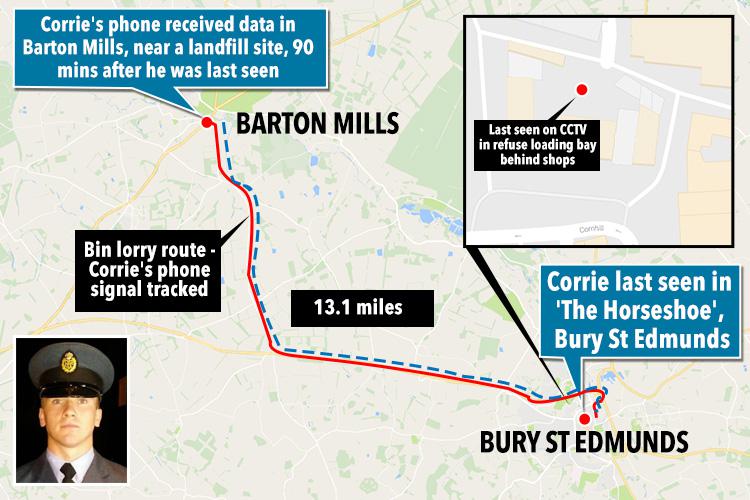  This map shows the last known movements of the RAF airman who was on a night out in Bury St Edmunds