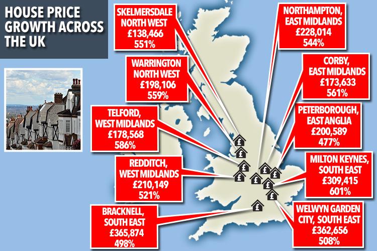  How house prices have increased in Britain's new towns between 1986 and 2016