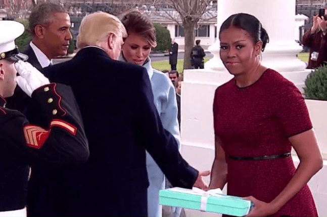  Michelle Obama's face after she was handed a Tiffany box by her replacement Melania Trump captured the internet's attention